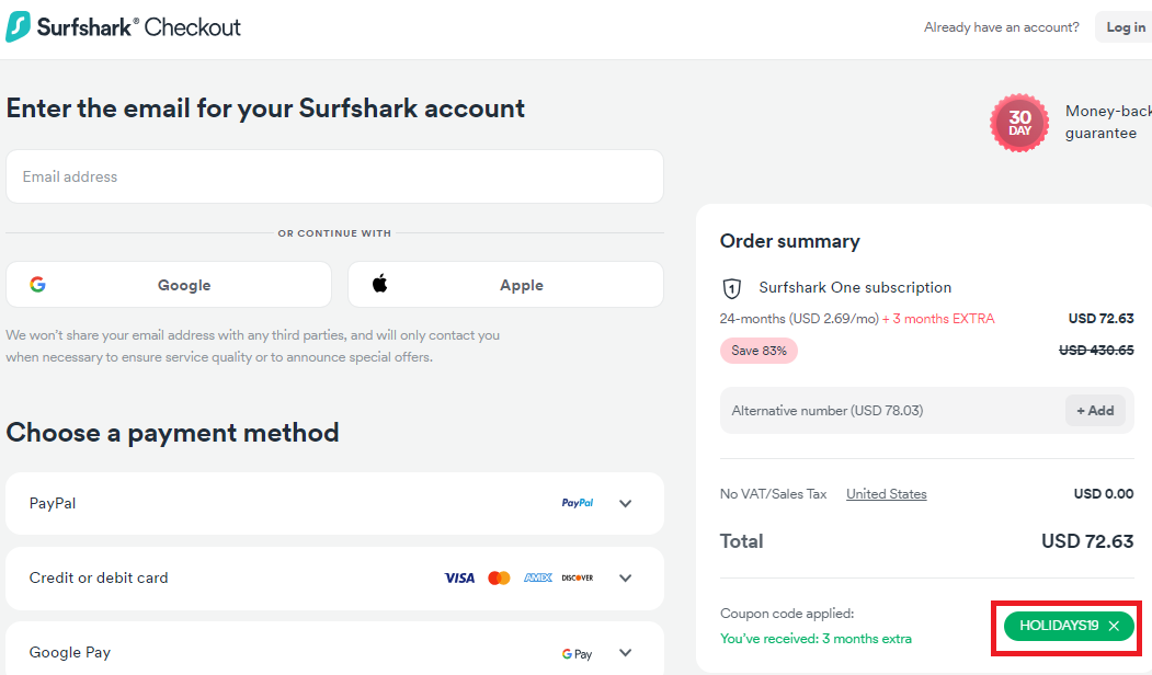 Screenshot of tested coupon for SurfShark VPN