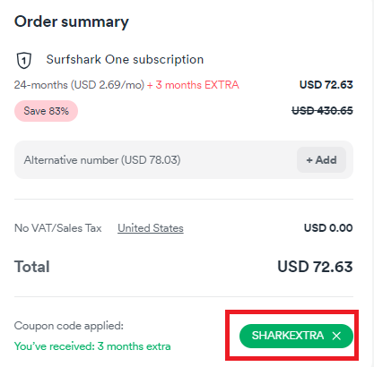 Screenshot of tested coupon for SurfShark VPN