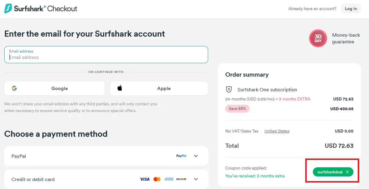Screenshot of tested coupon for SurfShark VPN