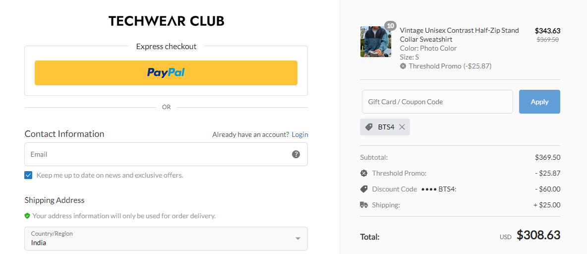 Screenshot of tested coupon for TechwearClub