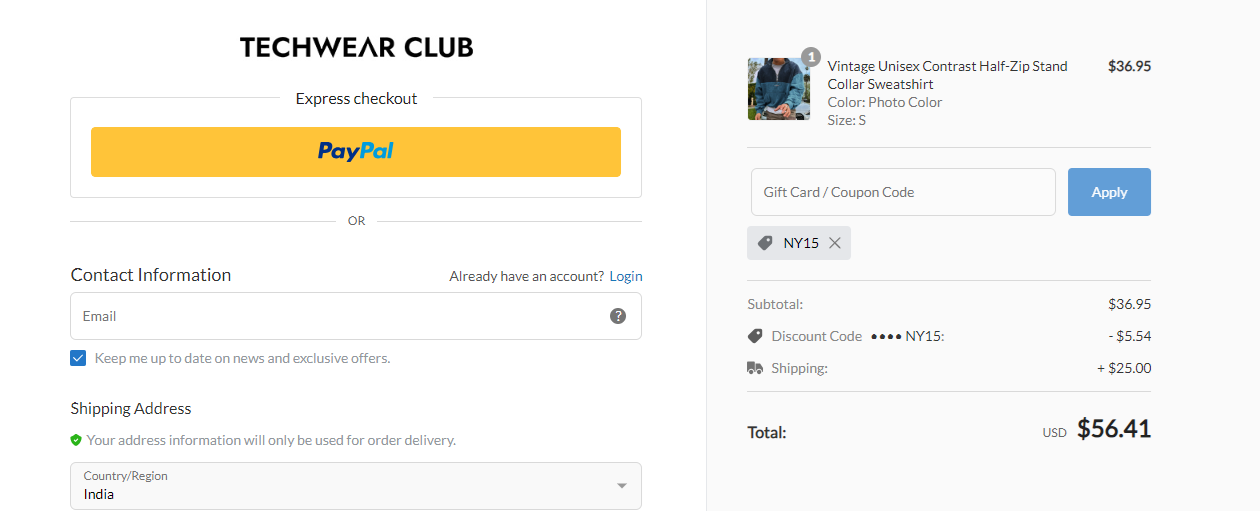 Screenshot of tested coupon for TechwearClub