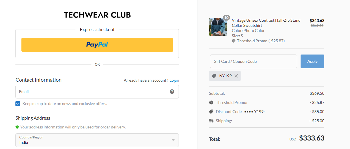 Screenshot of tested coupon for TechwearClub