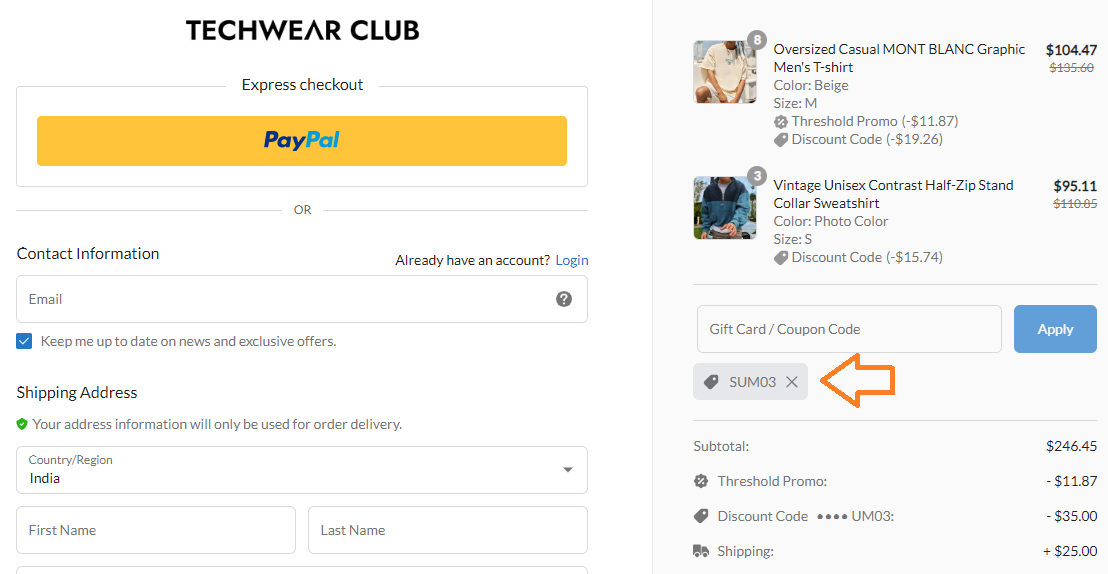 Screenshot of tested coupon for TechwearClub