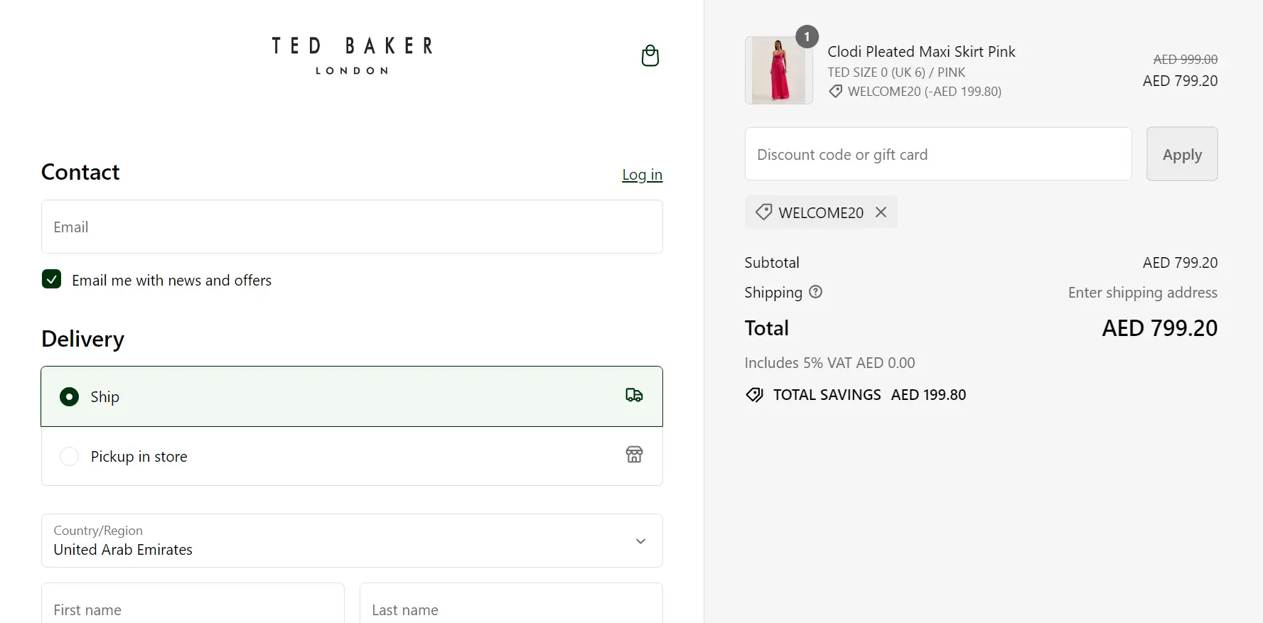 Screenshot of tested coupon for Ted Baker