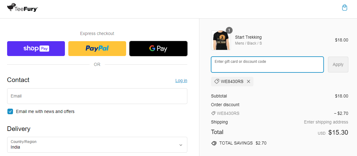 Screenshot of tested coupon for Teefury