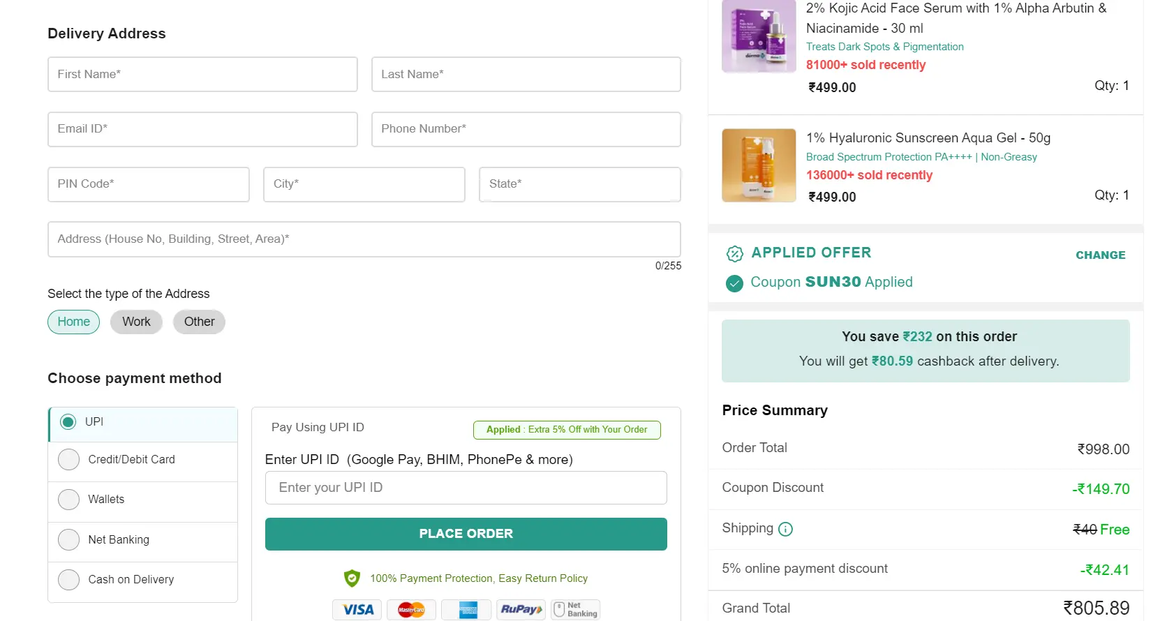 Screenshot of tested coupon for The Derma Co
