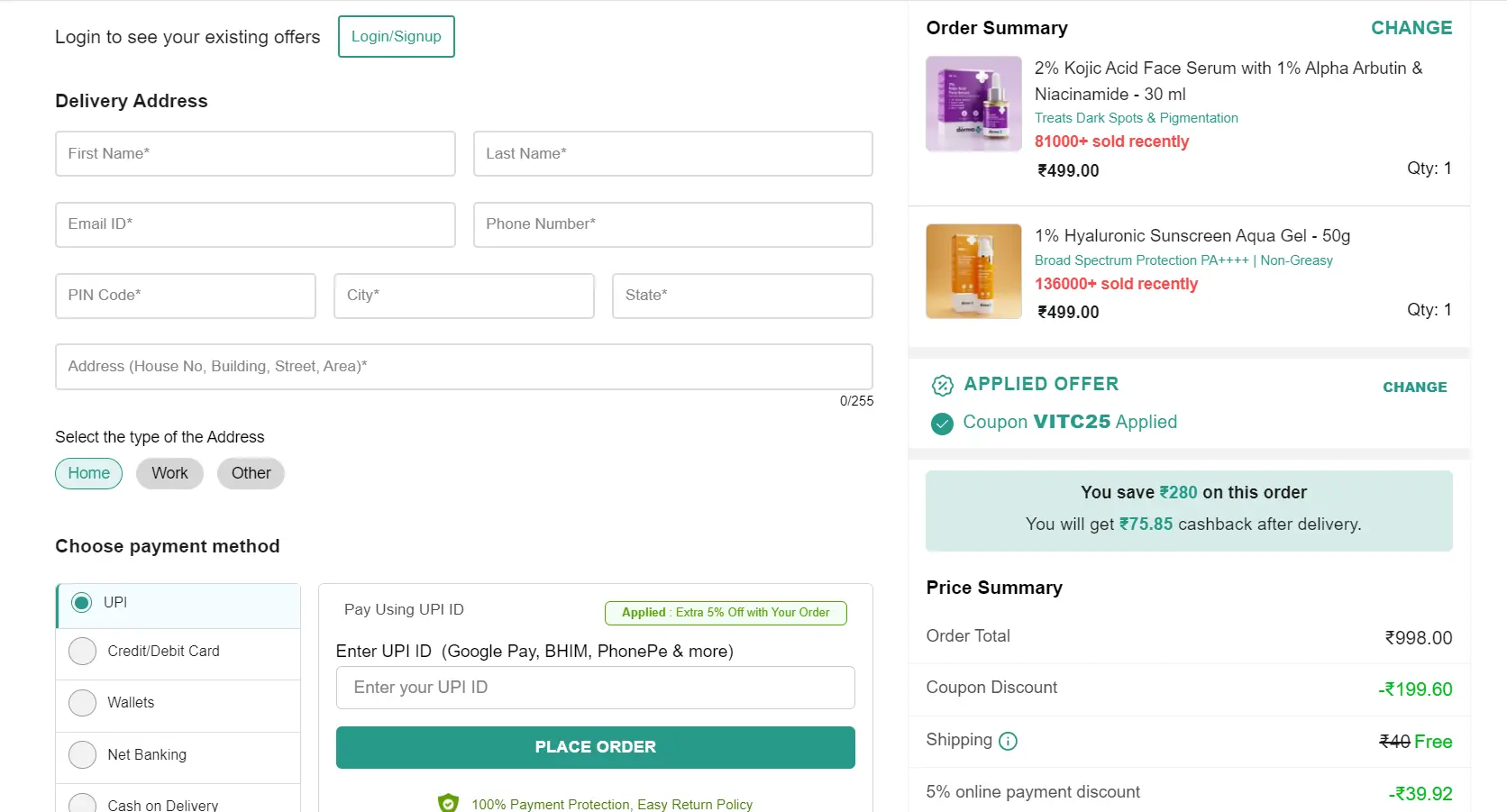 Screenshot of tested coupon for The Derma Co