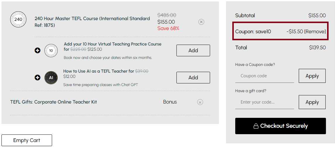 Screenshot of tested coupon for The TEFL Institute