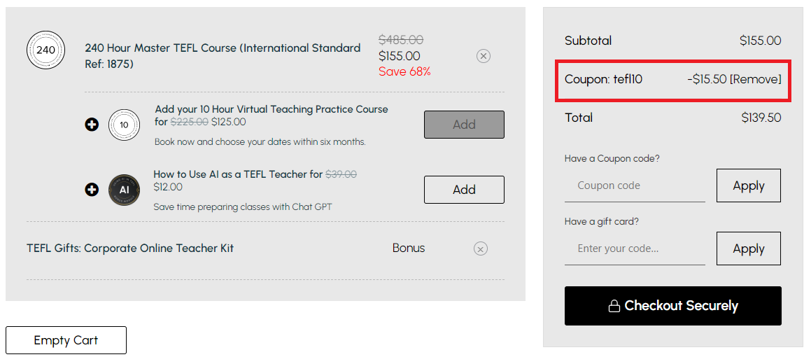 Screenshot of tested coupon for The TEFL Institute