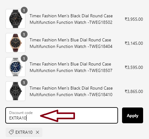 Screenshot of tested coupon for Timex