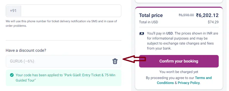 Screenshot of tested coupon for Tiqets