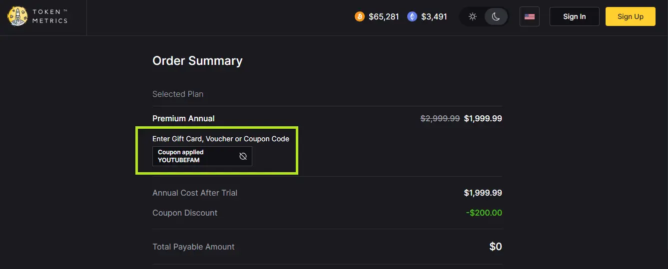 Screenshot of tested coupon for Token Metrics