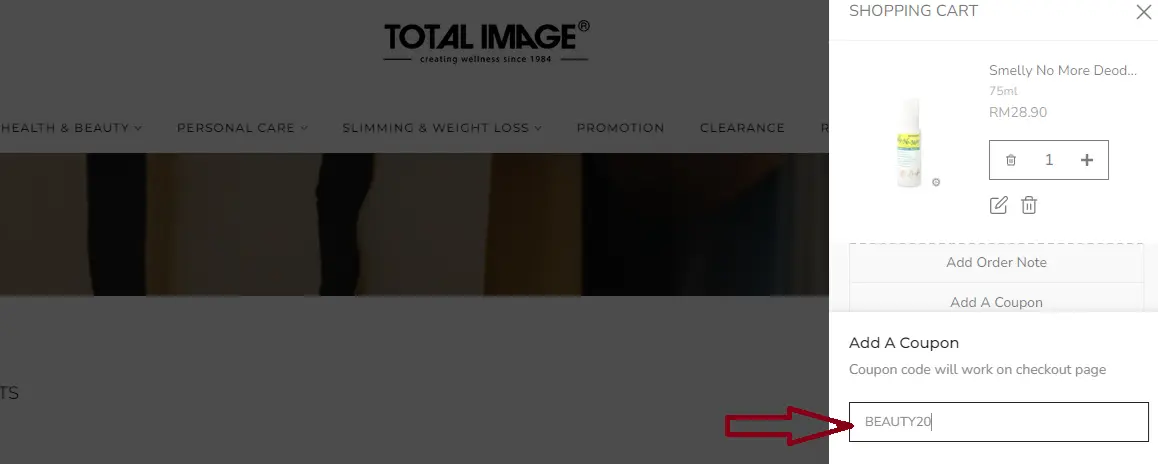 Screenshot of tested coupon for Total Image