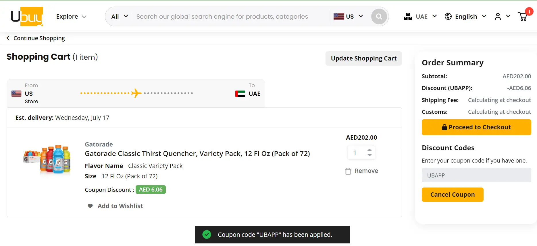 Screenshot of tested coupon for Ubuy