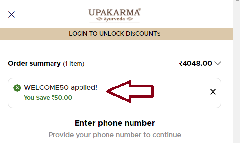 Screenshot of tested coupon for Upakarma