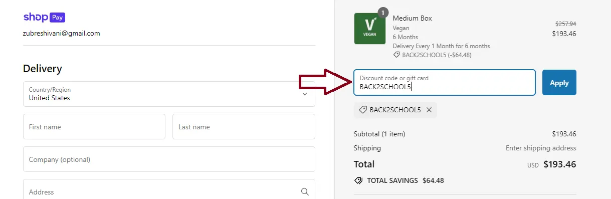 Screenshot of tested coupon for UrthBox