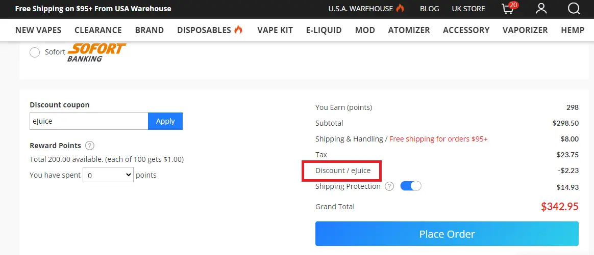 Screenshot of tested coupon for Vapesourcing