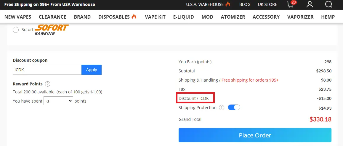 Screenshot of tested coupon for Vapesourcing