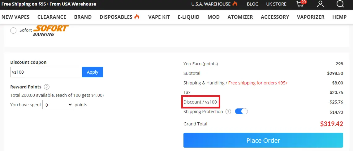 Screenshot of tested coupon for Vapesourcing