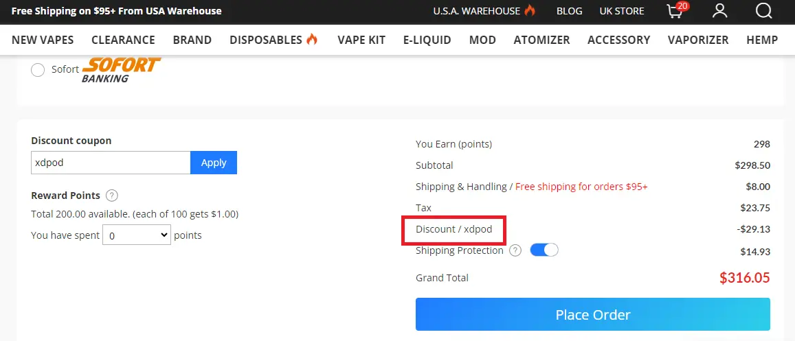 Screenshot of tested coupon for Vapesourcing