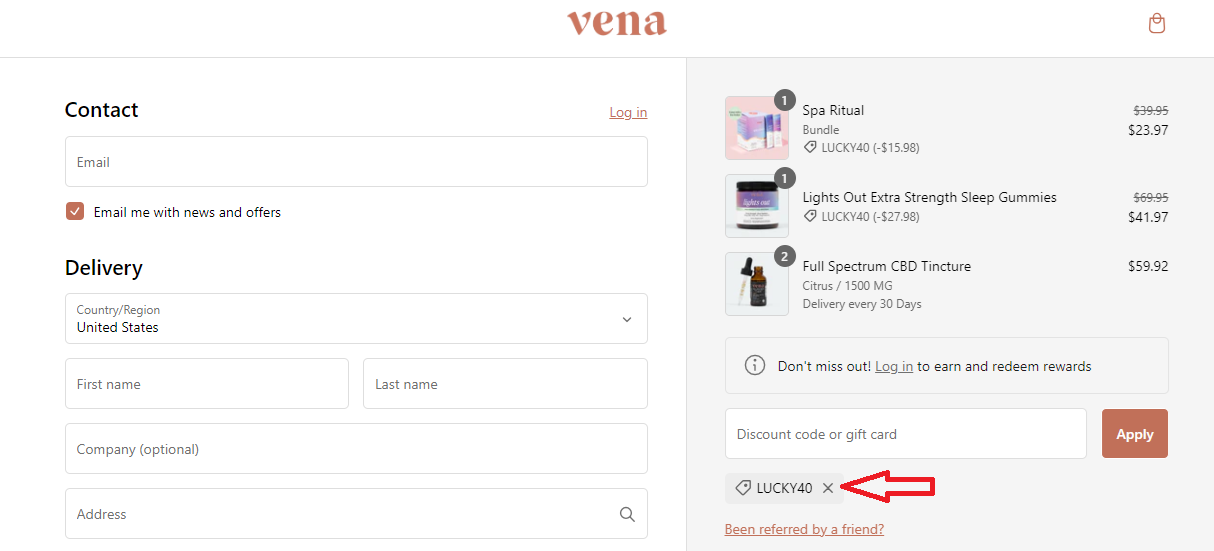 Screenshot of tested coupon for Vena CBD