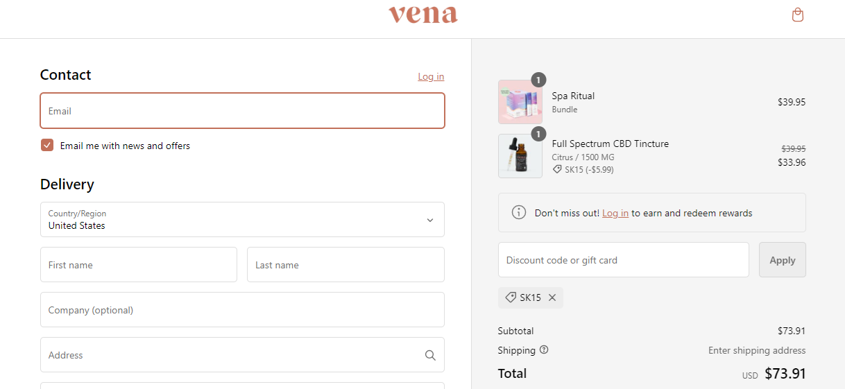 Screenshot of tested coupon for Vena CBD