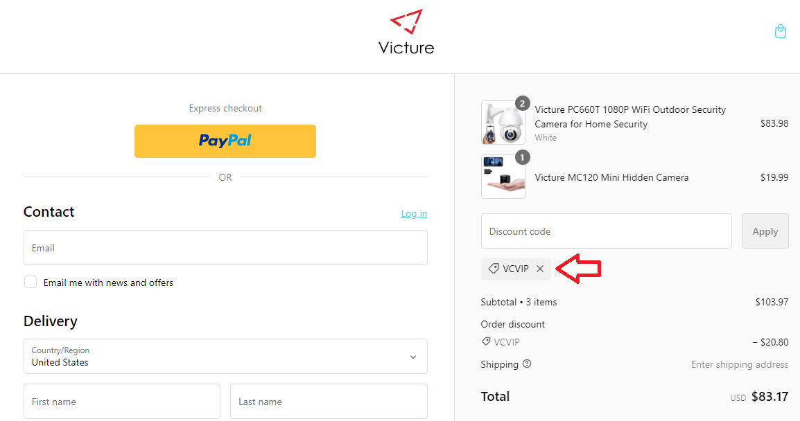 Screenshot of tested coupon for Victure