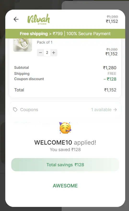 Screenshot of tested coupon for Vilvah