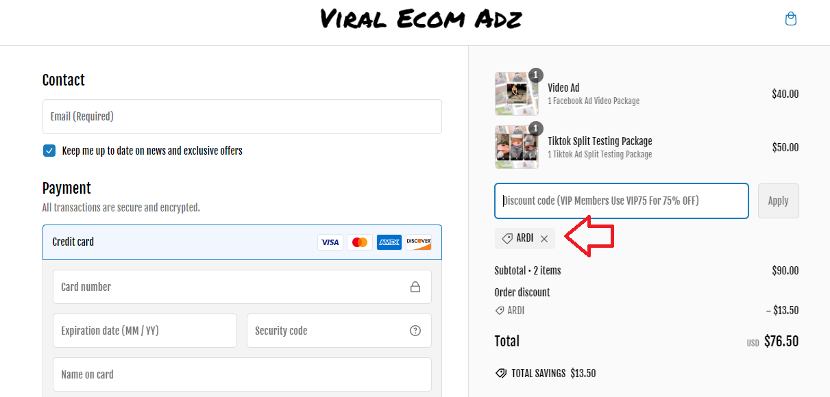 Screenshot of tested coupon for Viral Ecom ADZ