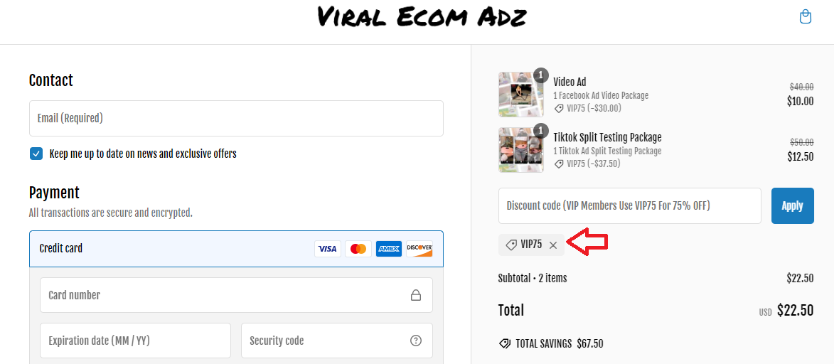 Screenshot of tested coupon for Viral Ecom ADZ