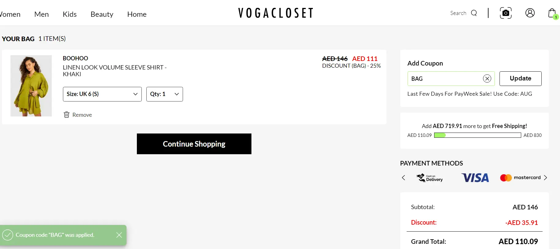 Screenshot of tested coupon for VogaCloset