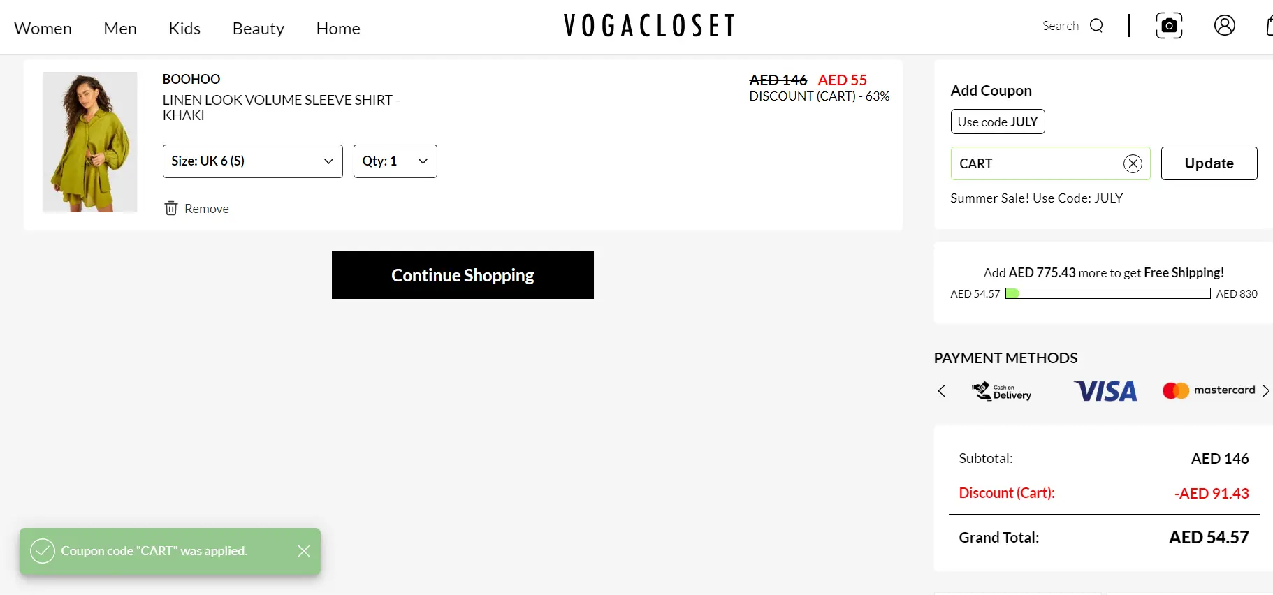Screenshot of tested coupon for VogaCloset