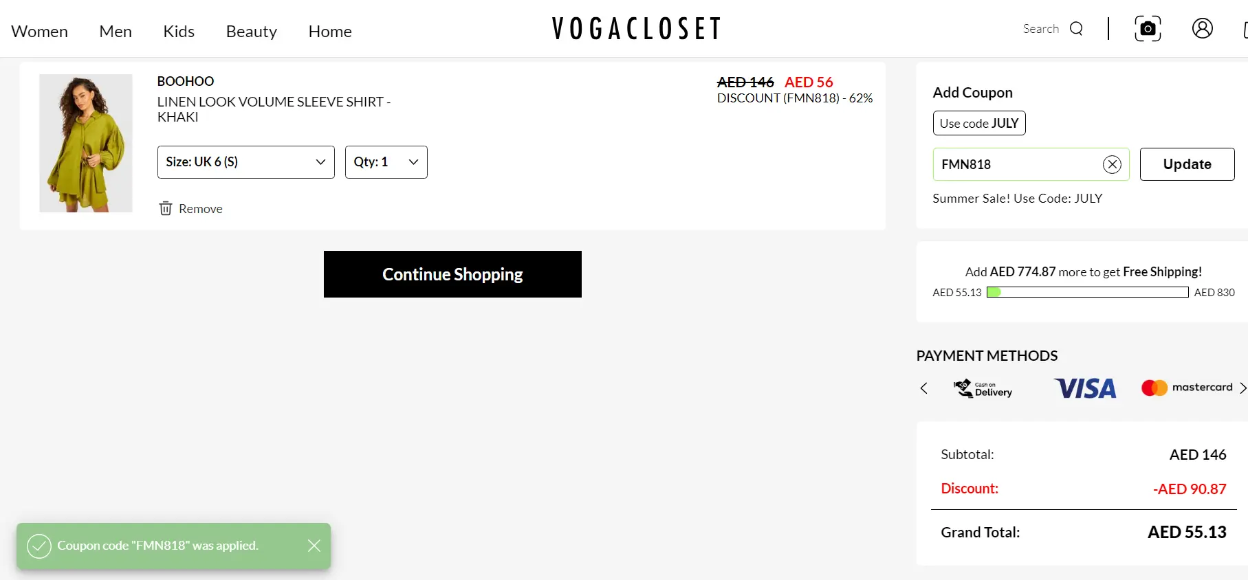 Screenshot of tested coupon for VogaCloset