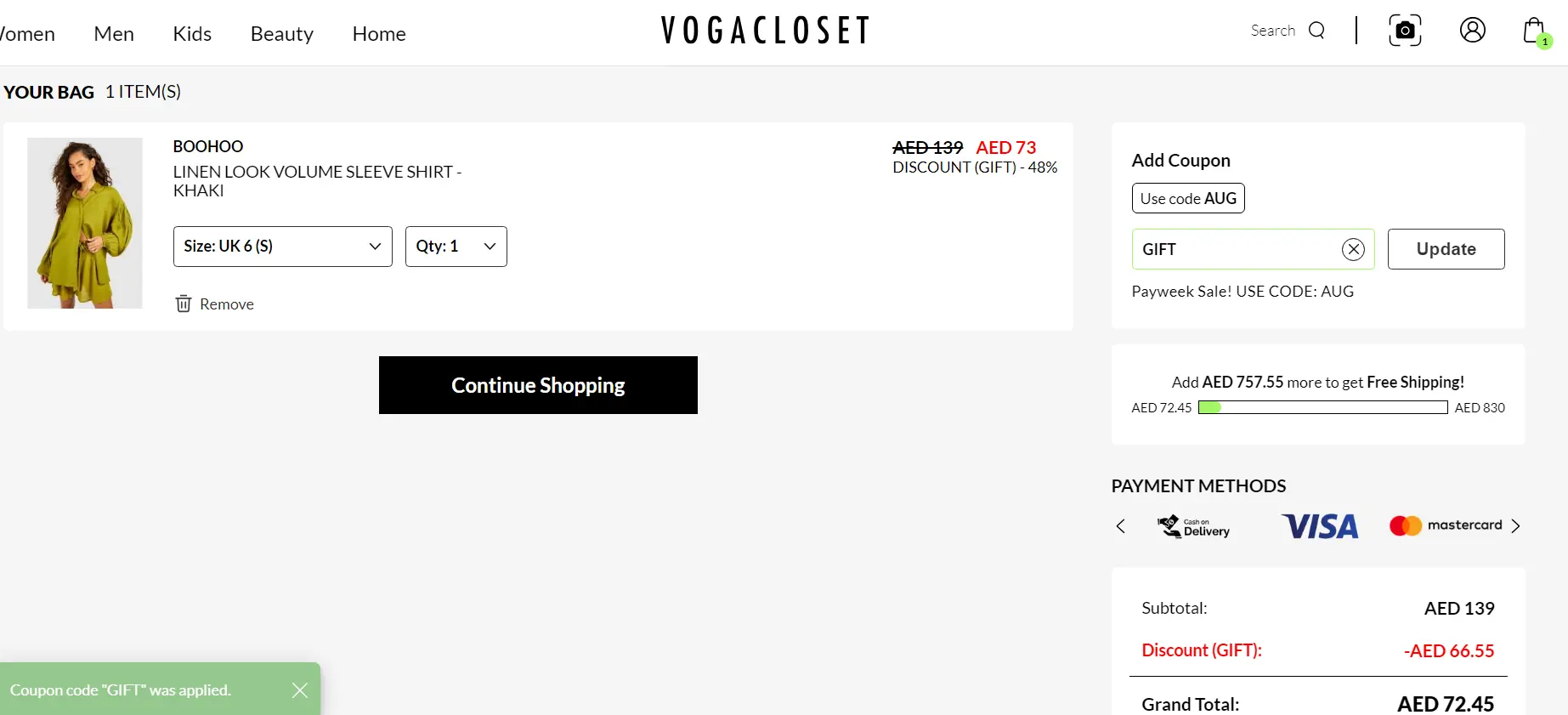 Screenshot of tested coupon for VogaCloset