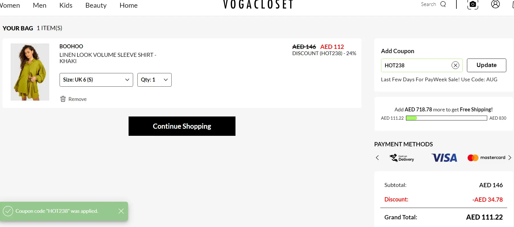 Screenshot of tested coupon for VogaCloset