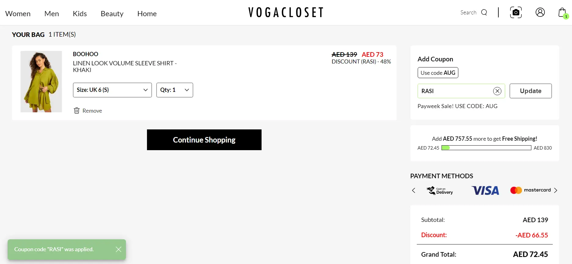 Screenshot of tested coupon for VogaCloset