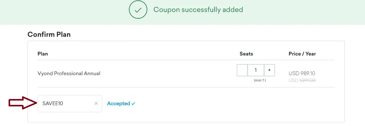 Screenshot of tested coupon for Vyond