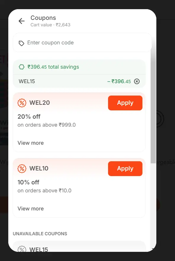 Screenshot of tested coupon for Wellify