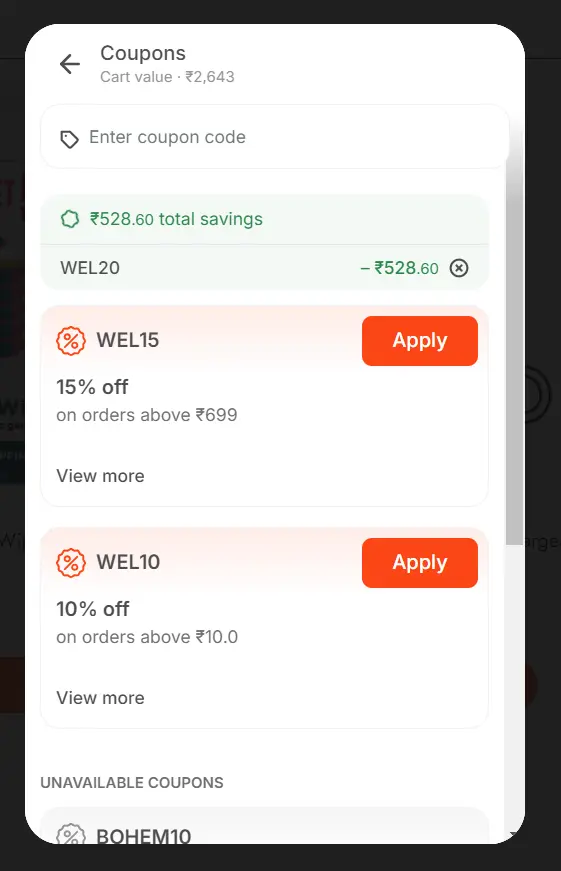 Screenshot of tested coupon for Wellify