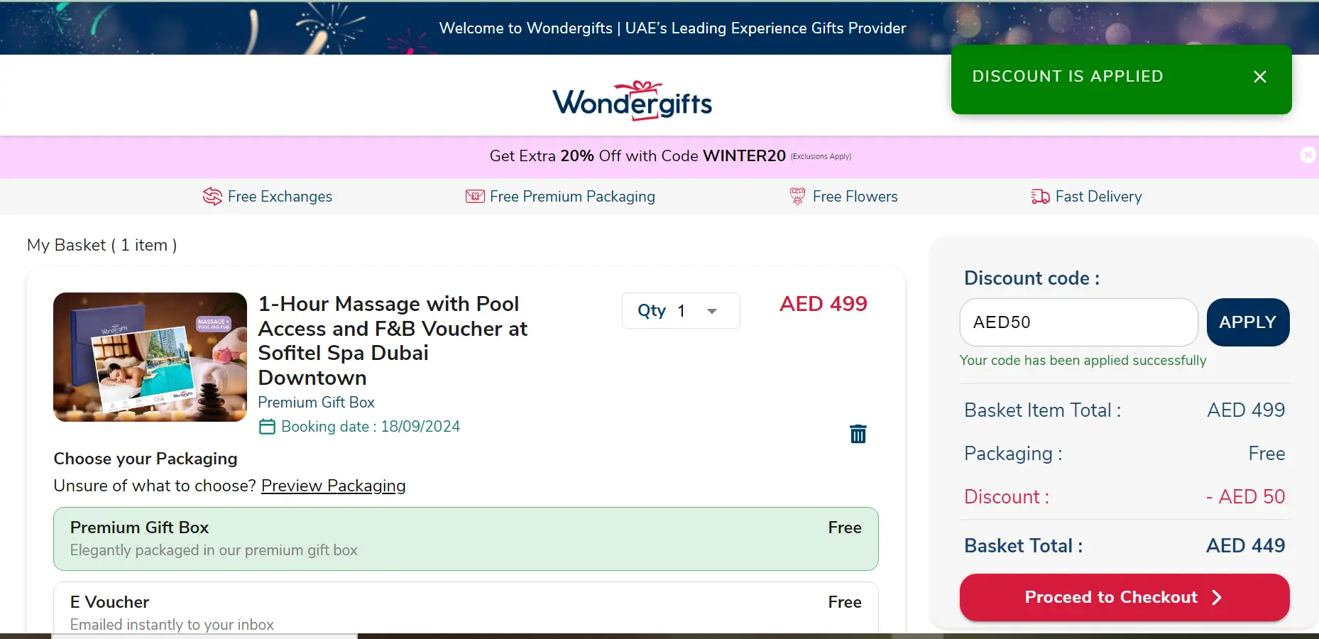 Screenshot of tested coupon for Wondergifts