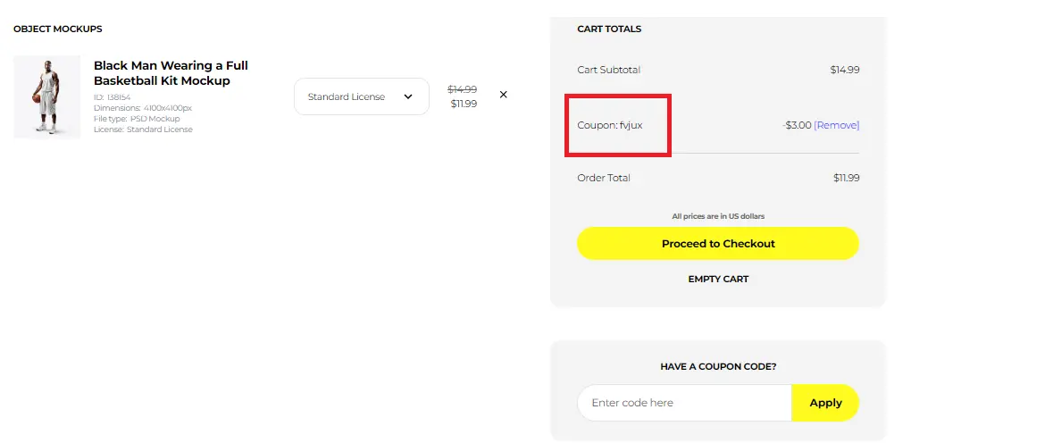 Screenshot of tested coupon for Yellow Images