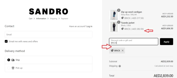 how to use sandro coupon code