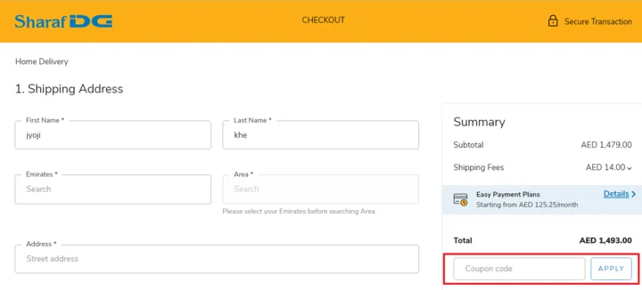 how to use sharaf DG coupon code